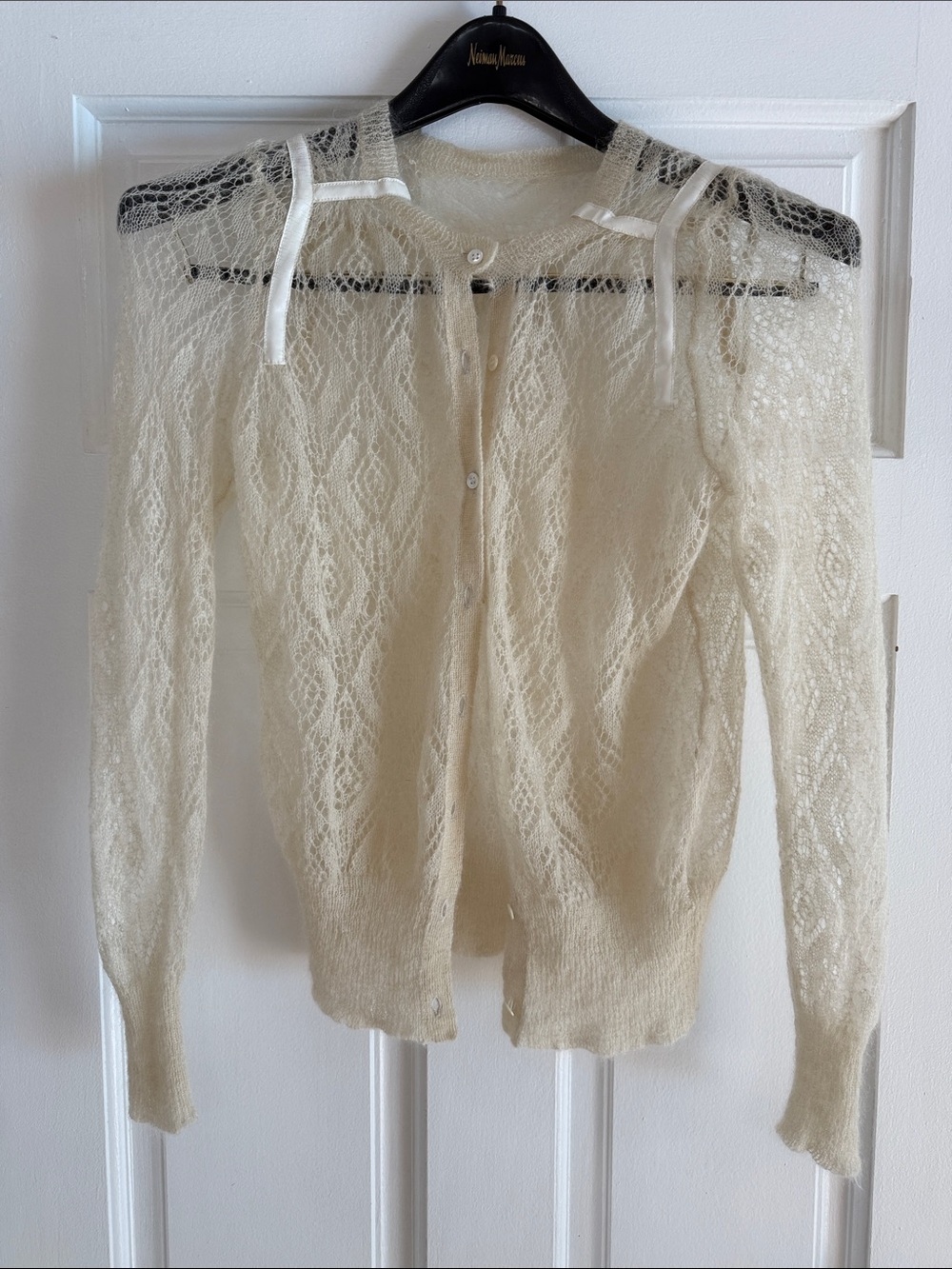 Vintage 60s 70s Sheer Mohair Lace Cardigan Off-White Openwork Pointelle
